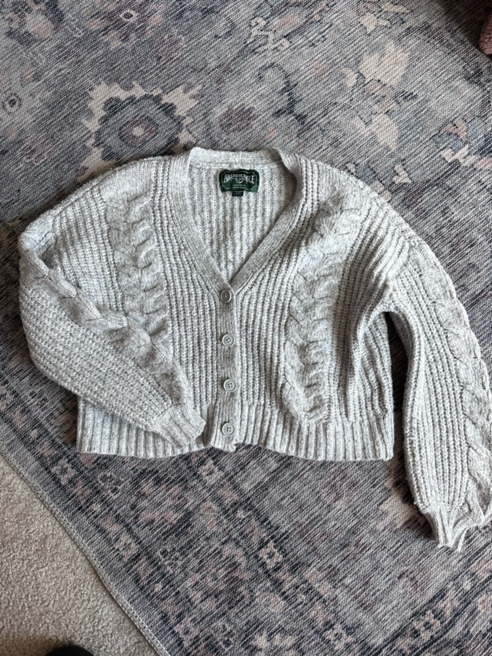 American Eagle Outfitters Cream Cable-Pattern Button Cardigan